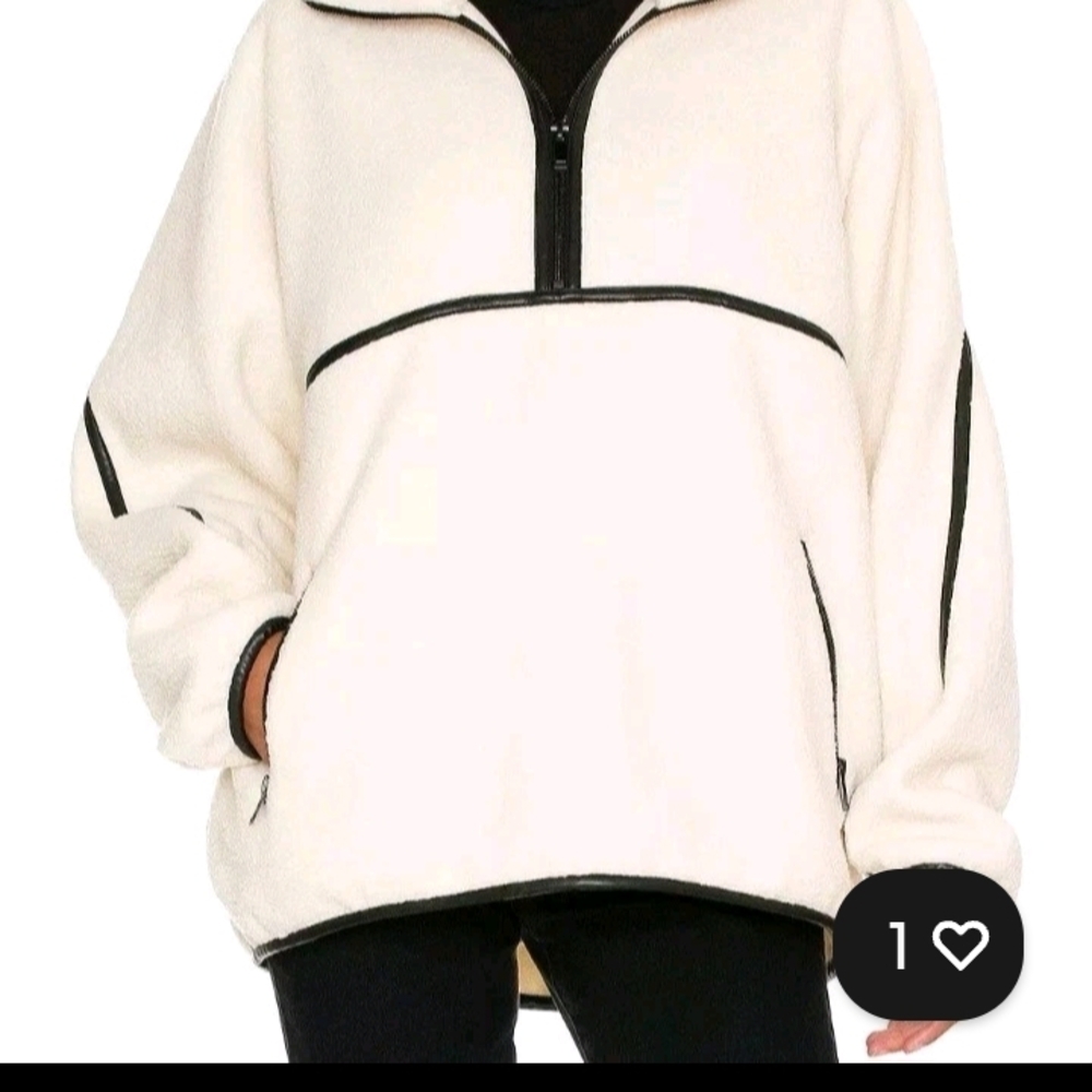 LAMARQUE HELSA HALF ZIP FLEECE PULLOVER IVORY/BLACK LEATHER TRIM XS JACKET